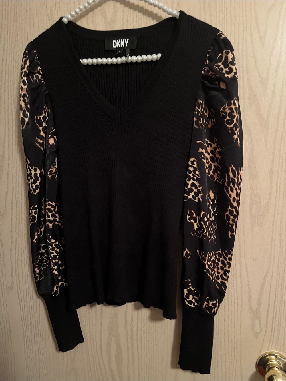 DKNY Black Sweater with Leopard-Print Puff Sleeves